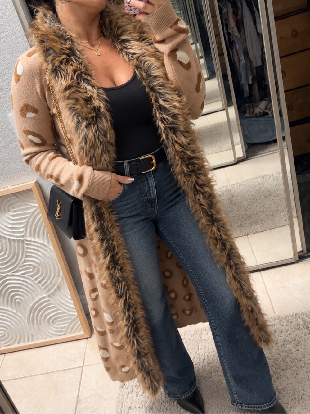 Show Me Your Mumu Leopard Faux Fur Trim Long Cardigan Duster